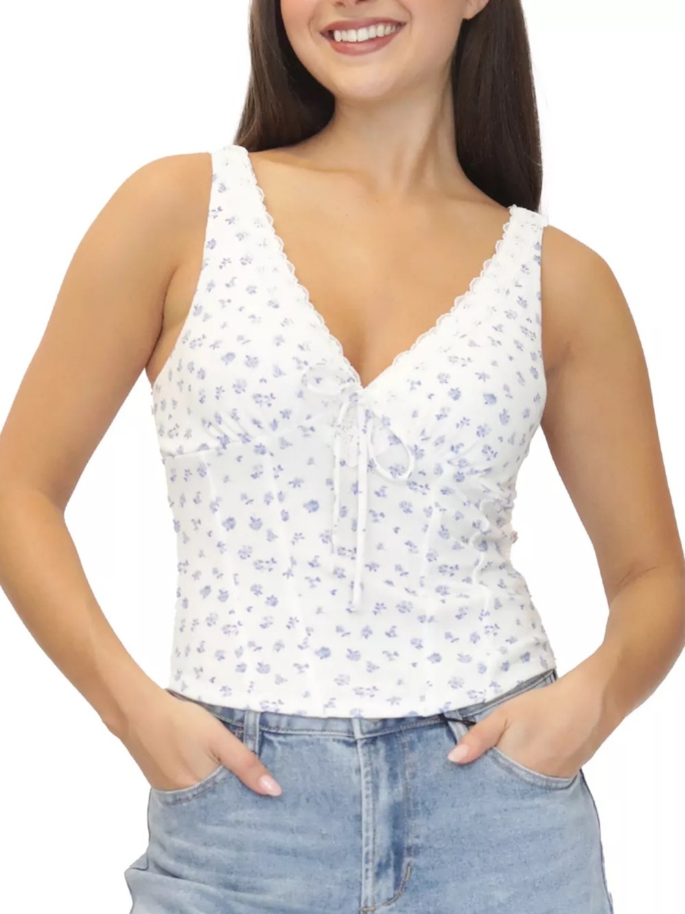 Madden Girl White Tank Top with Light Blue Floral Print